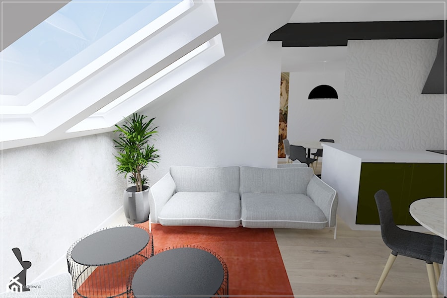 Poddasze w Rumi - Biały salon z kuchnią z jadalnią, styl nowoczesny - zdjęcie od Beton i Drewno - Studio Projektowania Wnętrz