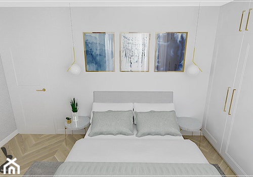 Dwupoziomowe mieszkanie w Rumi - Mała biała szara sypialnia, styl tradycyjny - zdjęcie od Beton i Drewno - Studio Projektowania Wnętrz