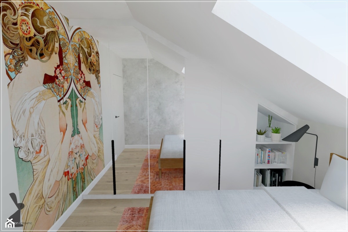 Poddasze w Rumi - Średnia biała sypialnia na poddaszu, styl nowoczesny - zdjęcie od Beton i Drewno - Studio Projektowania Wnętrz - Homebook