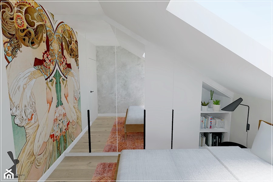 Poddasze w Rumi - Średnia biała sypialnia na poddaszu, styl nowoczesny - zdjęcie od Beton i Drewno - Studio Projektowania Wnętrz