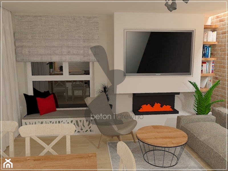 Mieszkanie Gdańsk Jasień - Mały biały salon z jadalnią z bibiloteczką, styl skandynawski - zdjęcie od Beton i Drewno - Studio Projektowania Wnętrz
