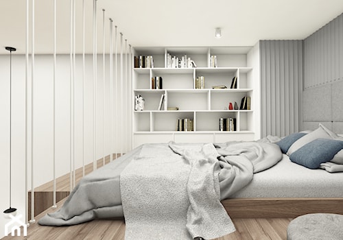 MiniMaxy - MINImum powierzchni, MAXImum funkcjonalności - Mała biała szara sypialnia na antresoli, styl nowoczesny - zdjęcie od Julia Wilczyńska-Kuciapska ⚫️ punctum architecture