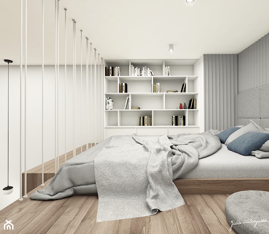 MiniMaxy - MINImum powierzchni, MAXImum funkcjonalności - Mała biała szara sypialnia na antresoli, styl nowoczesny - zdjęcie od Julia Wilczyńska-Kuciapska ⚫️ punctum architecture