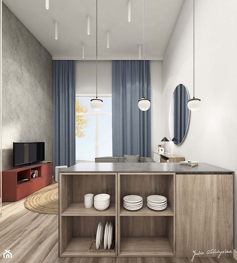 MiniMaxy - MINImum powierzchni, MAXImum funkcjonalności - Mały biały szary salon z kuchnią, styl nowoczesny - zdjęcie od Julia Wilczyńska-Kuciapska ⚫️ punctum architecture