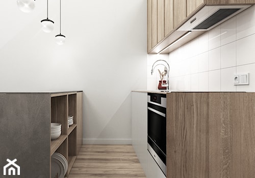 MiniMaxy - MINImum powierzchni, MAXImum funkcjonalności - Mała otwarta biała z zabudowaną lodówką z nablatowym zlewozmywakiem kuchnia dwurzędowa, styl minimalistyczny - zdjęcie od Julia Wilczyńska-Kuciapska ⚫️ punctum architecture