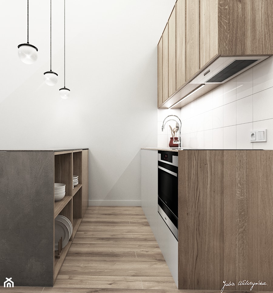 MiniMaxy - MINImum powierzchni, MAXImum funkcjonalności - Mała otwarta biała z zabudowaną lodówką z nablatowym zlewozmywakiem kuchnia dwurzędowa, styl minimalistyczny - zdjęcie od Julia Wilczyńska-Kuciapska ⚫️ punctum architecture