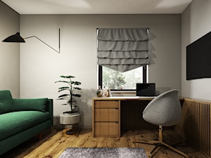 Dom 130m2, Sułków - Średnie z sofą z zabudowanym biurkiem szare biuro, styl nowoczesny - zdjęcie od Julia Wilczyńska-Kuciapska ⚫️ punctum architecture