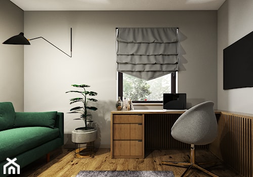 Dom 130m2, Sułków - Średnie z sofą z zabudowanym biurkiem szare biuro, styl nowoczesny - zdjęcie od Julia Wilczyńska-Kuciapska ⚫️ punctum architecture