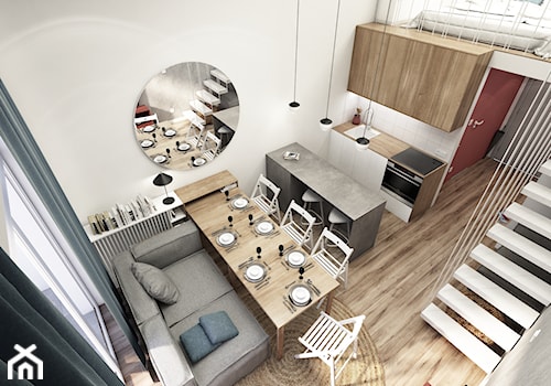 MiniMaxy - MINImum powierzchni, MAXImum funkcjonalności - Mały biały salon z kuchnią z jadalnią, styl nowoczesny - zdjęcie od Julia Wilczyńska-Kuciapska ⚫️ punctum architecture