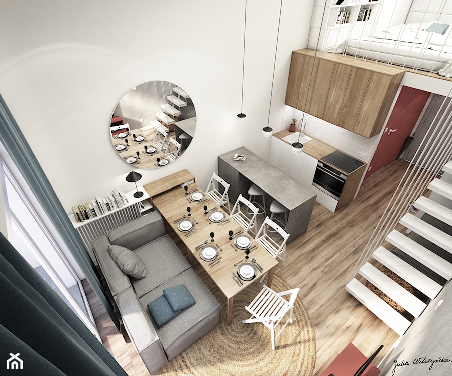 MiniMaxy - MINImum powierzchni, MAXImum funkcjonalności - Mały biały salon z kuchnią z jadalnią, styl nowoczesny - zdjęcie od Julia Wilczyńska-Kuciapska ⚫️ punctum architecture