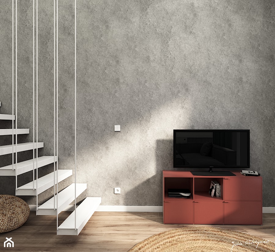 MiniMaxy - MINImum powierzchni, MAXImum funkcjonalności - Średni biały szary salon z tarasem / balkonem, styl nowoczesny - zdjęcie od Julia Wilczyńska-Kuciapska ⚫️ punctum architecture