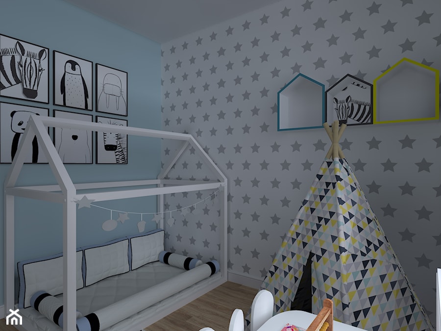 Apartament Iława - Mały biały szary niebieski pokój dziecka dla dziecka dla chłopca dla dziewczynki, styl nowoczesny - zdjęcie od Celine