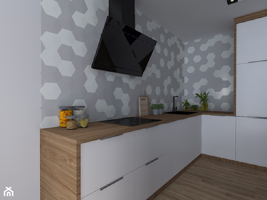 Apartament Iława - Średnia otwarta biała z zabudowaną lodówką z nablatowym zlewozmywakiem kuchnia w kształcie litery l, styl nowoczesny - zdjęcie od Celine