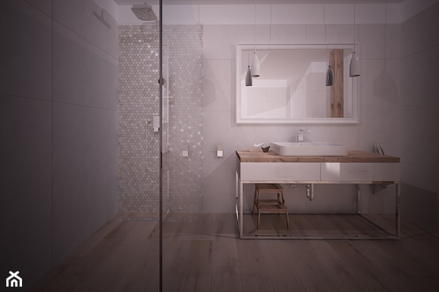 Koncepcja łazienki, dwie wersje kolorystyczne - Sowno - Mała na poddaszu bez okna z lustrem łazienka, styl nowoczesny - zdjęcie od OpenARCH