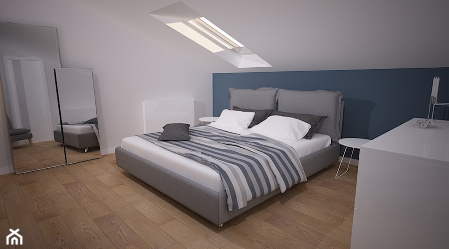 Projekt wnętrza mieszkania w bloku - Szczecin - Średnia biała niebieska sypialnia na poddaszu, styl skandynawski - zdjęcie od OpenARCH