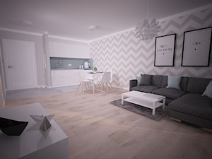 Apartament na wynajem - Pogorzelica - Duży biały salon z kuchnią z jadalnią, styl skandynawski - zdjęcie od OpenARCH