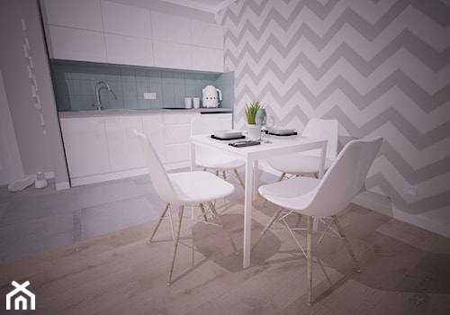 Apartament na wynajem - Pogorzelica - Średnia otwarta z kamiennym blatem biała szara z zabudowaną lodówką z nablatowym zlewozmywakiem kuchnia jednorzędowa, styl skandynawski - zdjęcie od OpenARCH