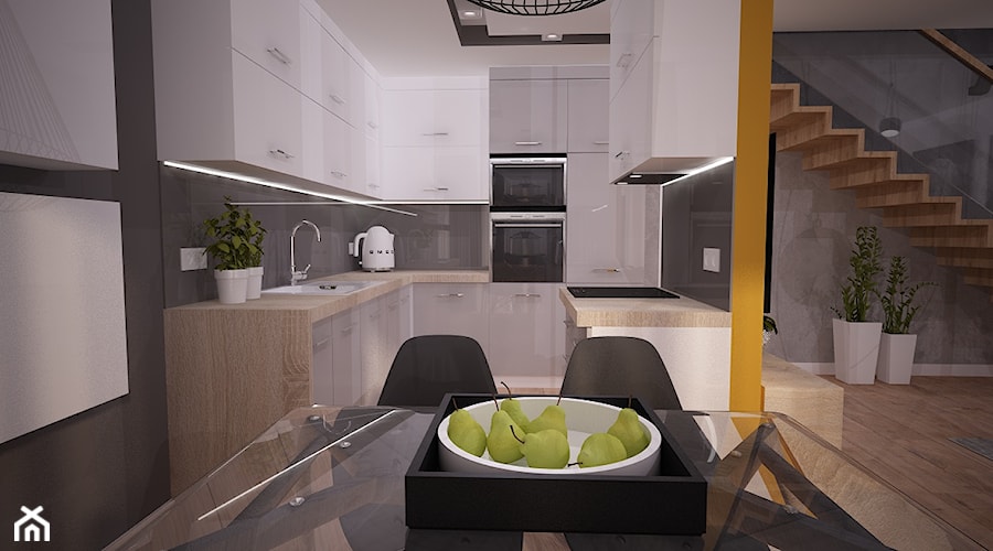Projekt wnętrza mieszkania w bloku - Szczecin - Średnia otwarta szara z zabudowaną lodówką z lodówką wolnostojącą z nablatowym zlewozmywakiem kuchnia w kształcie litery u, styl nowoczesny - zdjęcie od OpenARCH