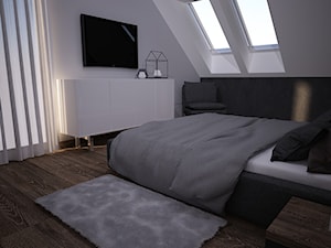 Projekt wybranych wnętrz domku jednorodzinnego - Stargard - Średnia biała szara sypialnia na poddaszu z balkonem / tarasem, styl nowoczesny - zdjęcie od OpenARCH