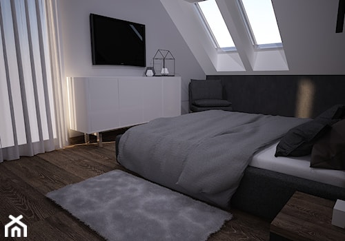 Projekt wybranych wnętrz domku jednorodzinnego - Stargard - Średnia biała szara sypialnia na poddaszu z balkonem / tarasem, styl nowoczesny - zdjęcie od OpenARCH