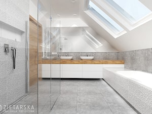 Wnętrze w domu jednorodzinnym 200m2 - Średnia na poddaszu z lustrem z dwoma umywalkami łazienka z oknem, styl nowoczesny - zdjęcie od zietarska.pl - pracownia projektowa