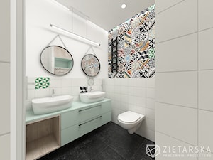 Łazienka patchwork - Mała na poddaszu bez okna z lustrem z dwoma umywalkami łazienka, styl skandynawski - zdjęcie od zietarska.pl - pracownia projektowa