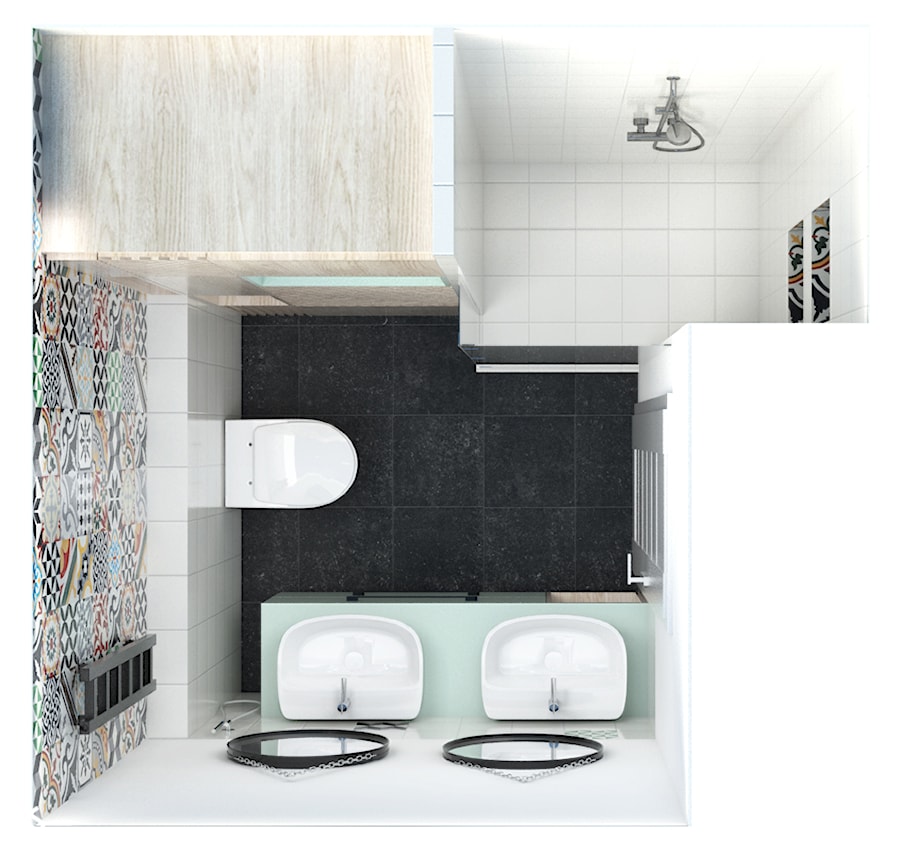 Łazienka patchwork - Mała bez okna z lustrem z dwoma umywalkami łazienka, styl skandynawski - zdjęcie od zietarska.pl - pracownia projektowa