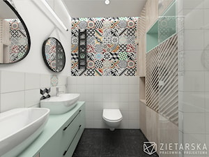 Łazienka patchwork - Średnia bez okna z dwoma umywalkami z punktowym oświetleniem łazienka, styl skandynawski - zdjęcie od zietarska.pl - pracownia projektowa