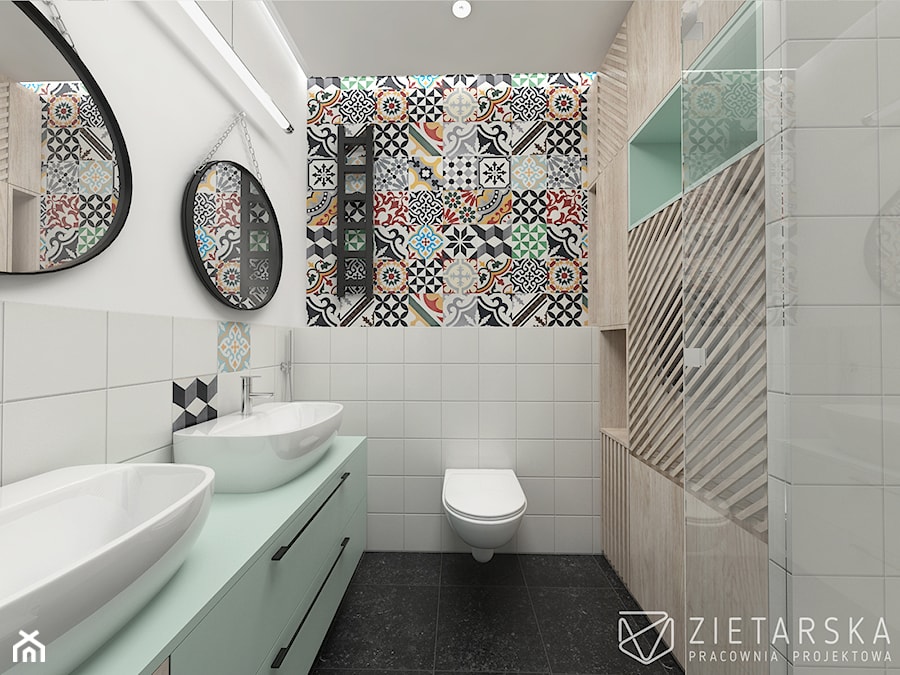 Łazienka patchwork - Średnia bez okna z dwoma umywalkami z punktowym oświetleniem łazienka, styl skandynawski - zdjęcie od zietarska.pl - pracownia projektowa
