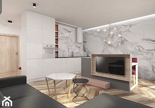 mieszkanie 2-pokojowe - Mały biały salon z kuchnią z jadalnią, styl nowoczesny - zdjęcie od zietarska.pl - pracownia projektowa