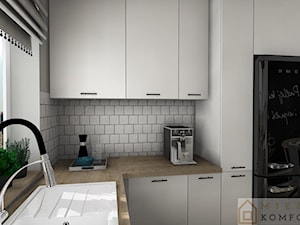 Wymarzona kuchnia - Mała biała szara z zabudowaną lodówką z podblatowym zlewozmywakiem kuchnia w kształcie litery l, styl nowoczesny - zdjęcie od Mieszkaj Komfortowo
