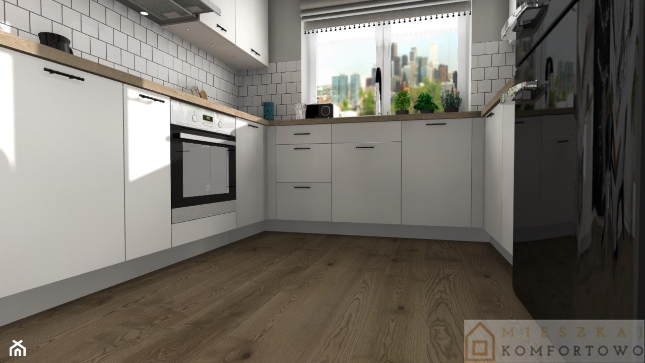 Wymarzona kuchnia - Mała zamknięta szara z zabudowaną lodówką kuchnia w kształcie litery u z oknem, styl nowoczesny - zdjęcie od Mieszkaj Komfortowo - Homebook