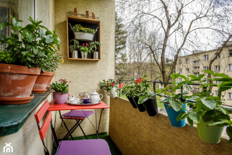 #pieknybalkon - Mały z meblami ogrodowymi z donicami na kwiaty taras z tyłu domu - zdjęcie od Antonina Olearczyk - Homebook