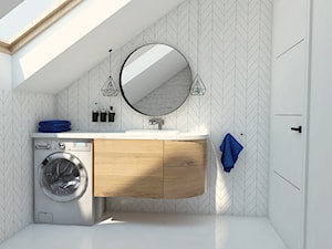 Przykładowa aranżacja parteru domu jednorodzinnego - Mała na poddaszu z pralką / suszarką z lustrem łazienka z oknem, styl minimalistyczny - zdjęcie od Radkiewicz Architektura