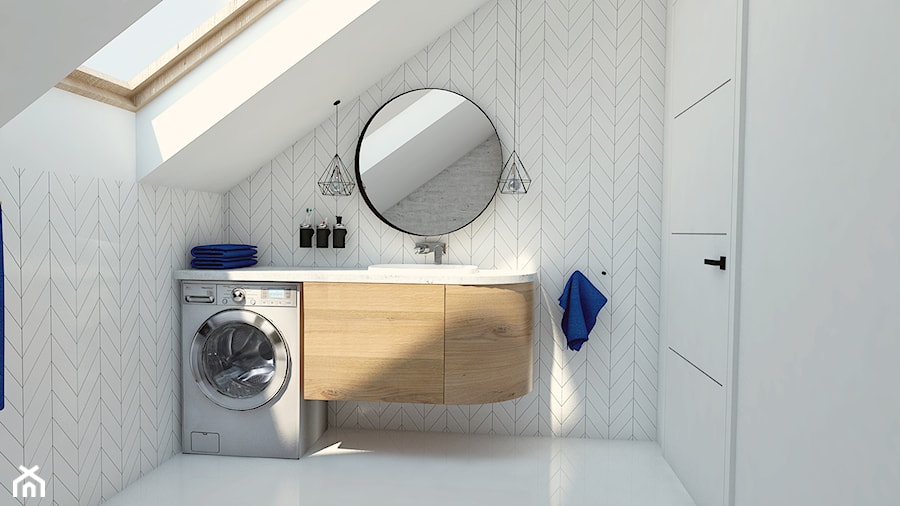 Przykładowa aranżacja parteru domu jednorodzinnego - Mała na poddaszu z pralką / suszarką z lustrem łazienka z oknem, styl minimalistyczny - zdjęcie od Radkiewicz Architektura