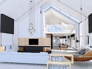 Dom jednorodzinny - okolice Lęborka - Duży biały szary salon z kuchnią z jadalnią, styl skandynawski - zdjęcie od Radkiewicz Architektura