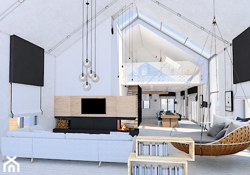 Dom jednorodzinny - okolice Lęborka - Duży biały szary salon z kuchnią z jadalnią, styl skandynawski - zdjęcie od Radkiewicz Architektura
