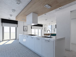 Dom jednorodzinny - okolice Lęborka - Średnia otwarta z salonem z kamiennym blatem biała z zabudowaną lodówką z podblatowym zlewozmywakiem kuchnia jednorzędowa z oknem, styl minimalistyczny - zdjęcie od Radkiewicz Architektura