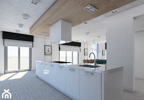 Dom jednorodzinny - okolice Lęborka - Średnia otwarta z salonem z kamiennym blatem biała z zabudowaną lodówką z podblatowym zlewozmywakiem kuchnia jednorzędowa z oknem, styl minimalistyczny - zdjęcie od Radkiewicz Architektura