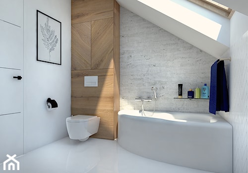 Przykładowa aranżacja parteru domu jednorodzinnego - Mała na poddaszu łazienka z oknem, styl minimalistyczny - zdjęcie od Radkiewicz Architektura