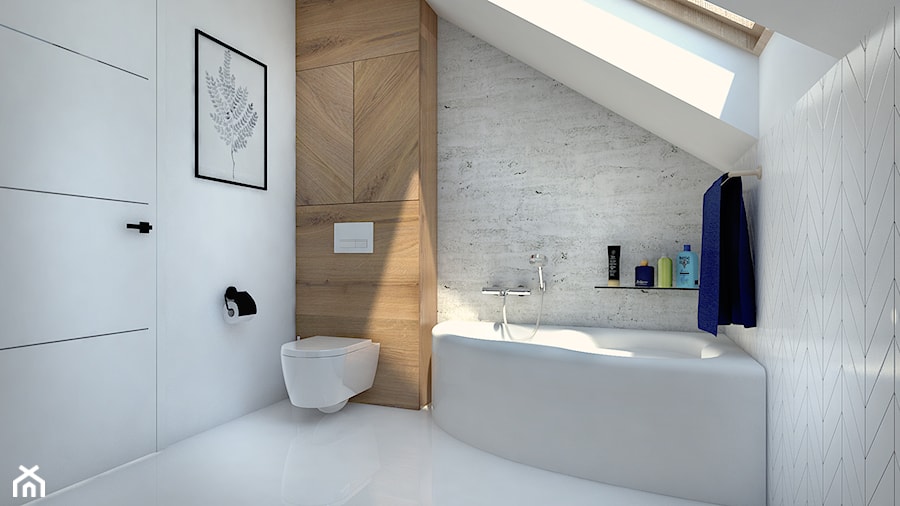 Przykładowa aranżacja parteru domu jednorodzinnego - Mała na poddaszu łazienka z oknem, styl minimalistyczny - zdjęcie od Radkiewicz Architektura