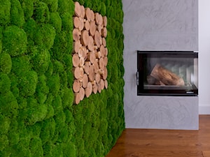 Ściana z paneli z mchem okrągłym oraz paneli z elementów drewnianych - zdjęcie od PRES-BOIS