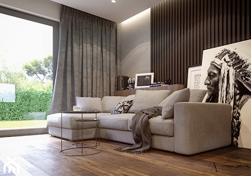 Salon z czarnymi drewnianymi panelami ściennymi - zdjęcie od Auroom Concept