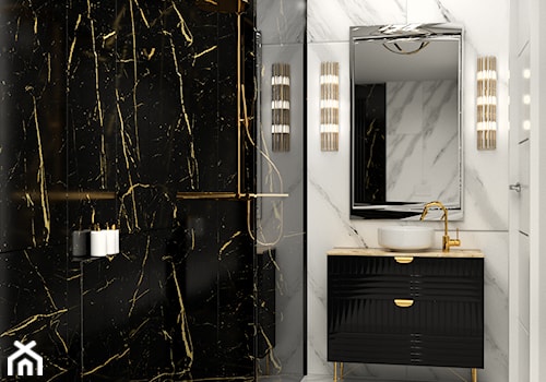 Biało-czarna łazienka z kamieniem w stylu glamour - zdjęcie od Auroom Concept