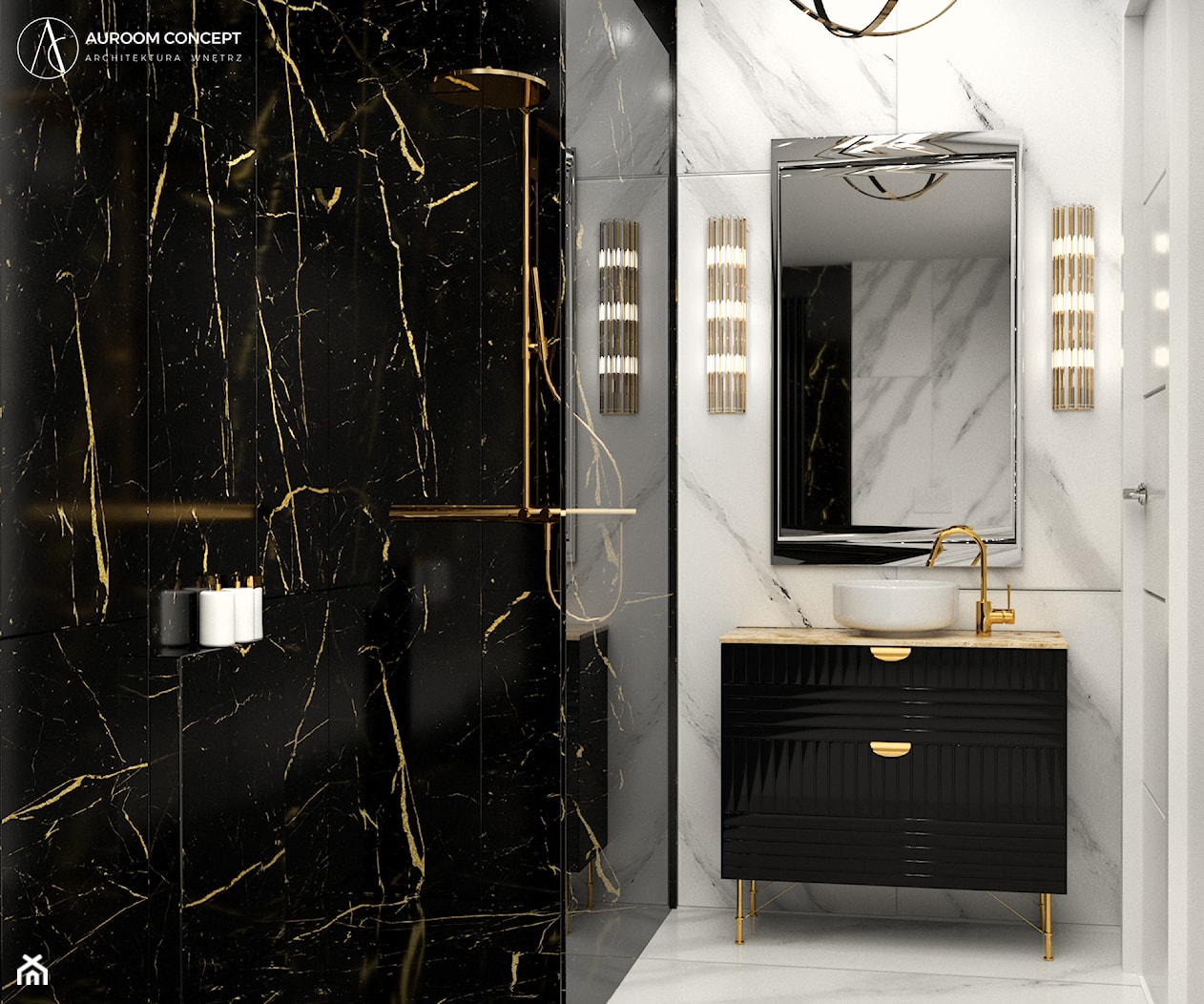 Biało-czarna łazienka z kamieniem w stylu glamour - zdjęcie od Auroom Concept - Homebook