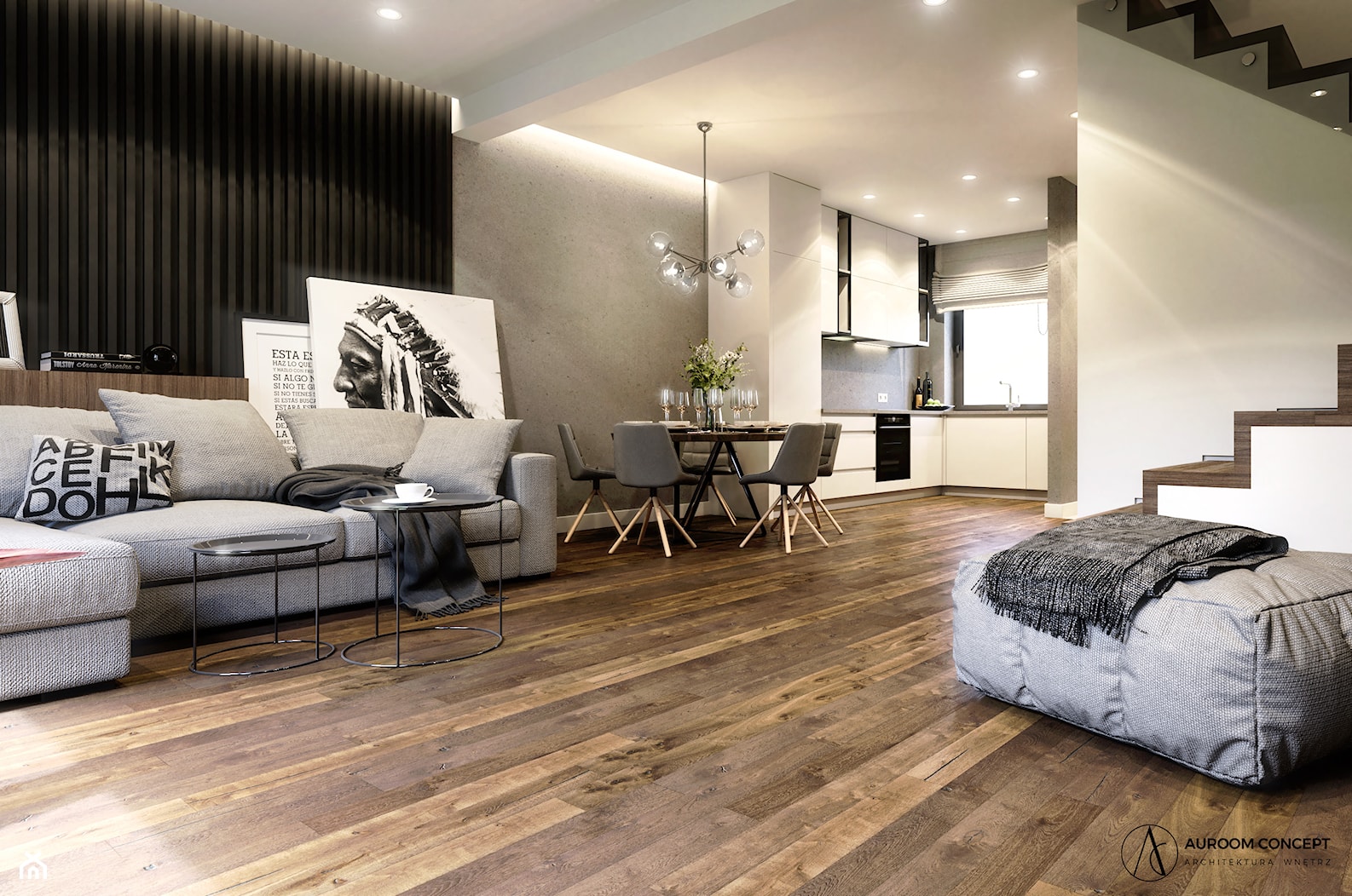 Nowoczesny salon z betonem i drewnianą podłogą - zdjęcie od Auroom Concept - Homebook
