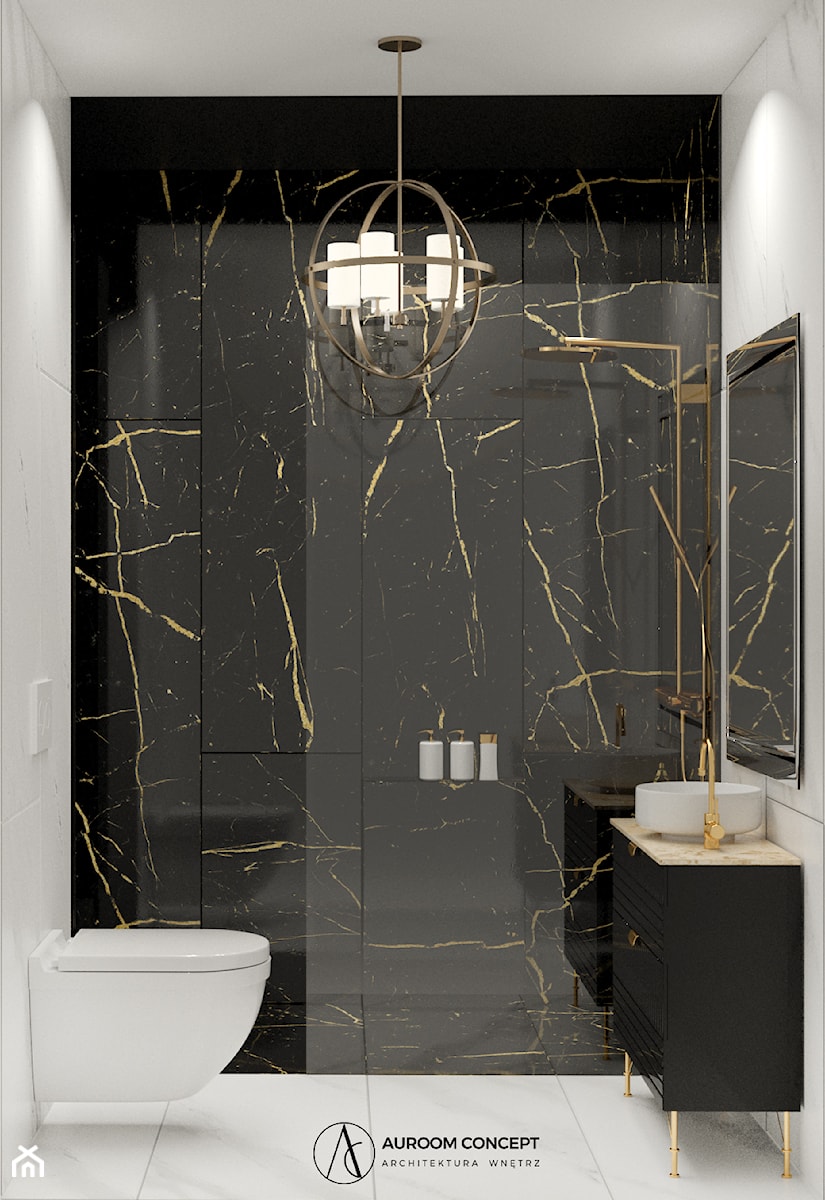 Mała elegancka łazienka z czarno-złotym kamieniem - zdjęcie od Auroom Concept