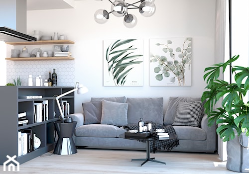 Salon z szarą kanapą i monsterą - zdjęcie od Auroom Concept