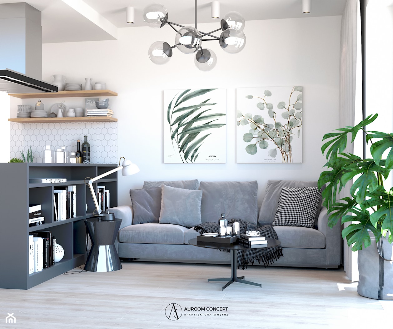 Salon z szarą kanapą i monsterą - zdjęcie od Auroom Concept - Homebook