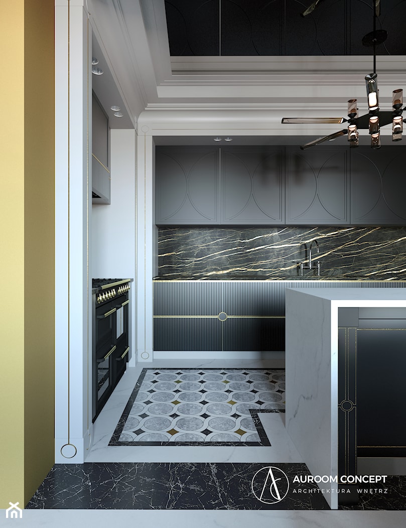 Kuchnia ze złotymi dodatkami i kamienną mozaiką - zdjęcie od Auroom Concept - Homebook